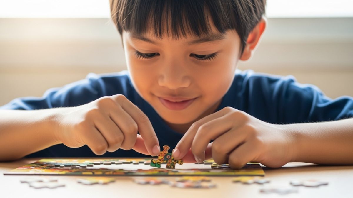 a boy playing with a puzzle